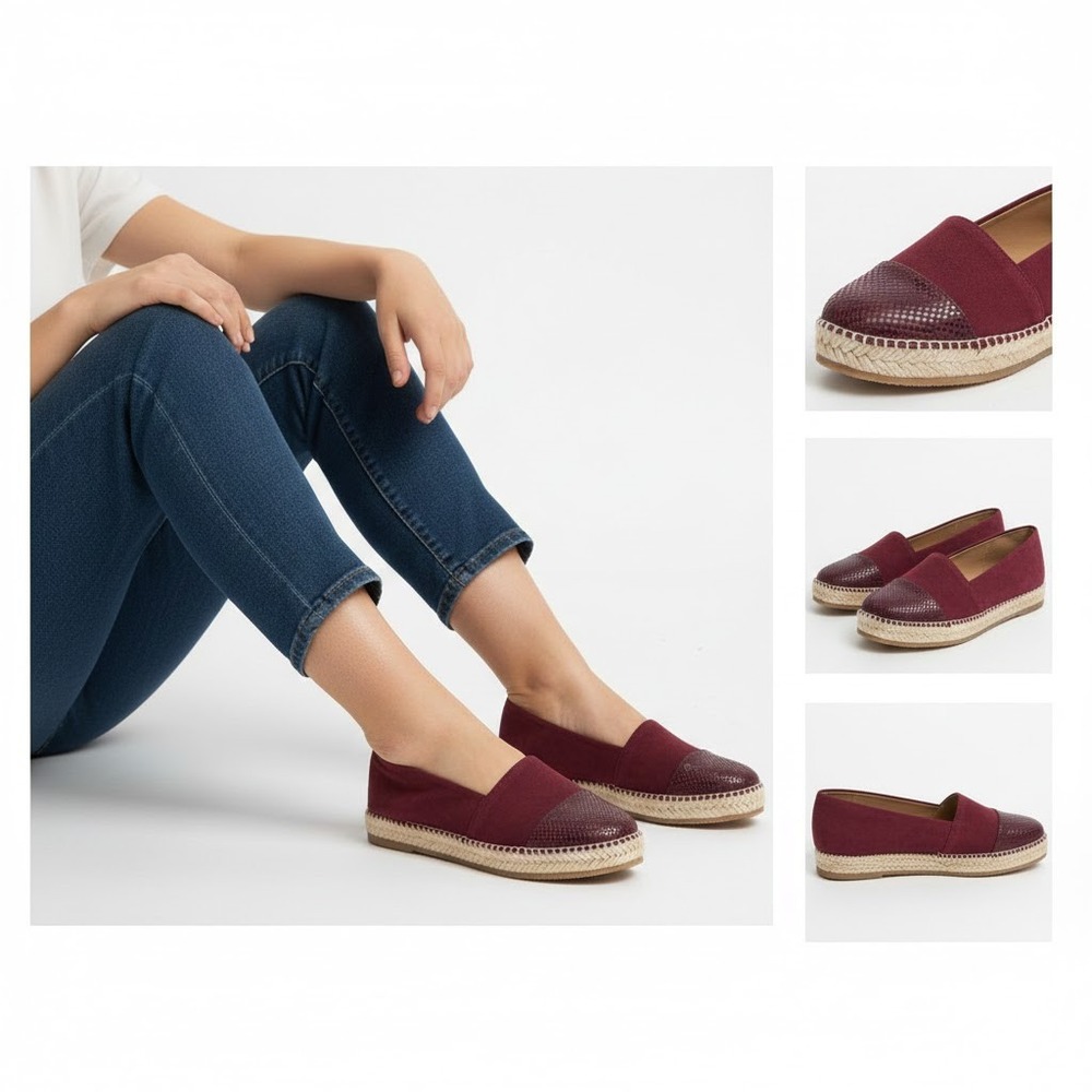 Womens Burgundy‎ Faux Suede Embossed Cap Toe Espadrille Flats Shoes 10 NEW Lq